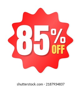 85% percent off(offer), shop now, red and yellow 3D super discount sticker, sale. vector illustration, 