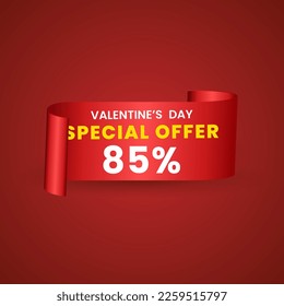 85 percent red elegant template of sale banner for Valentine Day with a scroll realistic red ribbon, an arrow and red shiny glossy hearts. Vector red background