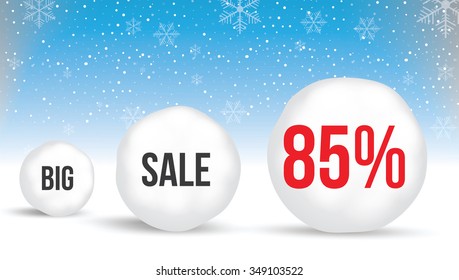85  percent, Sale background with snowballs and snow. Sale. Winter sale. Christmas sale. New year sale. Vector illustration
