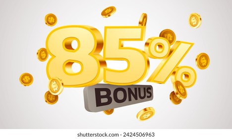 85 percents bonus. Falling golden coins. Cashback or prize concept. Vector illustration svg
