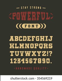 85 POWERFUL FONT crafted retro vintage typeface design. Original handmade textured lettering type alphabet on navy background. Authentic handwritten font, vector letters.