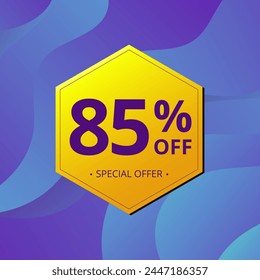 85% Sale and Discount Label. Eighty five percent Sale Discount label Geometric design. Abstract Blue and Yellow Hexagon. Vector illustration.