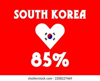 85% South Korea sign label vector art illustration with white font, blue color, and red background with heart shape.