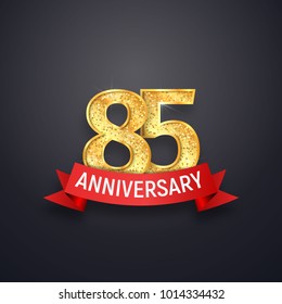 85 th anniversary logo template. Eighty-five years celebrating golden numbers with red ribbon vector design elements