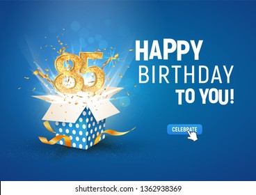 85 th years anniversary banner with open burst gift box. Template eighty fifth birthday celebration and abstract text on blue background vector Illustration