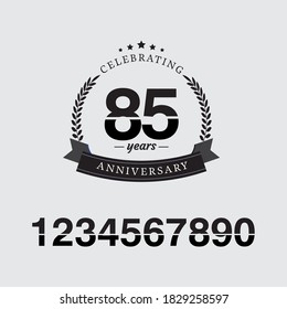 85 year anniversary celebration emblem. anniversary logo label, black and white stamp isolated, vector illustration template design for celebration greeting card and invitation card