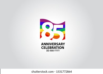 85 year anniversary celebration logotype with white number Emboss Style isolated on LGBT Colorful Flag on white grey background for invitation card, banner or flyer - vector