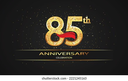 85 Year Anniversary celebration Vector Design with red ribbon and glitter. 85th Anniversary celebration. Gold Luxury Banner of 85th Anniversary. celebration card
