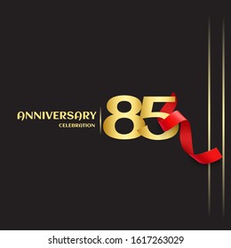 85 year anniversary logo template on black background. golden numbers with red ribbon vector