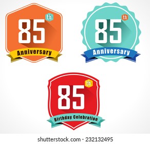 85 year birthday celebration flat color vintage label badge, 85th anniversary decorative emblem - vector illustration eps10
