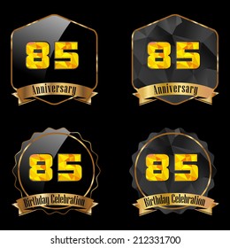 85 year birthday celebration golden label, 85th anniversary decorative polygon golden emblem - vector illustration eps10