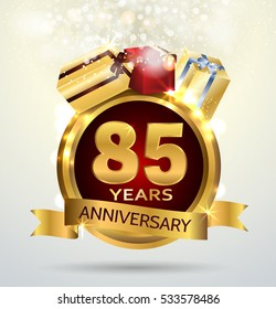 85 years anniversary celebration with Abstract background with many falling gold tiny confetti pieces.