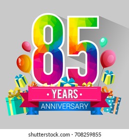 85 Years Anniversary Celebration Design, with gift box and balloons, red ribbon, Colorful polygonal logotype, Vector template elements for your birthday party.