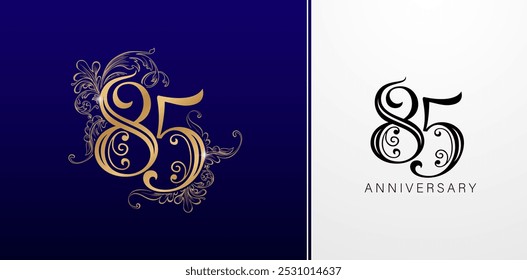 85 years anniversary celebration logotype with golden colors and floral elements for greeting cards, birthday invitations, Wedding anniversary,  banner and celebration company or business corporate