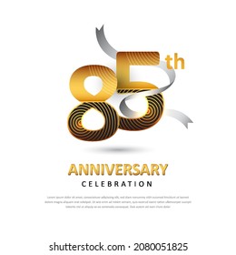 Plantilla de logo creativo con cinta para el aniversario de 85 años. Plantilla de afiches para la celebración del 85º evento. Diseño para banner, revista, folleto, web, invitación o tarjeta de saludo. Ilustración del vector