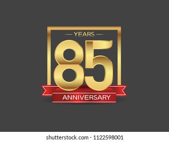 85 years anniversary design logotype golden color with square and red ribbon for celebration event isolated on black background