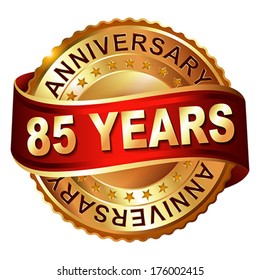 85 years anniversary golden  label with ribbon.  Vector illustration.