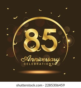 85 años aniversario Media luna aniversario con confiti y un ligero efecto oro en un fondo negro y marrón