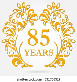 85 years anniversary icon in ornate frame with floral elements. Template for celebration and congratulation design. 85th anniversary golden label. Vector illustration.