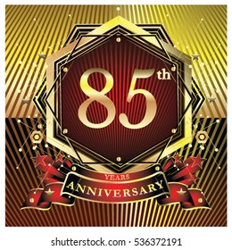 85 years anniversary logo celebration with ring and ribbon. Symbol and template for greeting card