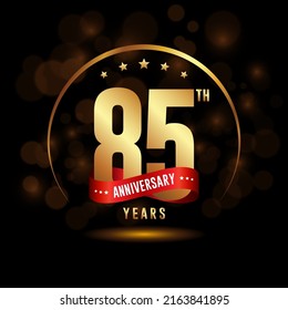 85 years anniversary logo with golden ring and ribbon for booklet, leaflet, magazine, brochure poster, banner, web, invitation or greeting card. Vector illustrations.