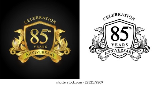 85 years anniversary logo with golden shield and ribbon for booklet, leaflet, magazine, brochure poster, banner, web, invitation or greeting card. Vector illustrations.