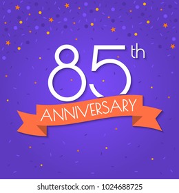 85 years anniversary logo isolated on confetti background. 85th anniversary banner with ribbon. Birthday, celebration, party, invitation card design element. Vector illustration.