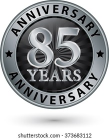 85 years anniversary silver label, vector illustration 