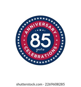 85 years anniversary. Anniversary template design, red and blue colors with stars, design for event, invitation card, greeting card, banner, poster, flyer, book cover and print. Vector Eps10