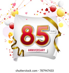85 years anniversary vector illustration, banner, flyer, logo, icon, symbol. Graphic design element with flag, balloon, ribbon, confetty. Birthday greeting, event celebration