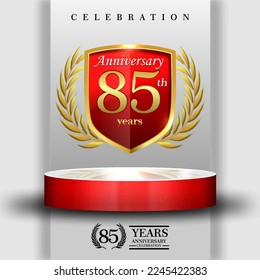 85 years gold anniversary celebration logo with 3d red cylinder podium , isolated on grey background