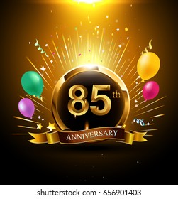 85 years golden anniversary logo celebration with ring, ribbon, firework, and balloon