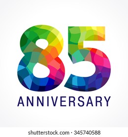 85 years old celebrating colored logo. Anniversary numbers 85 th. Shining facet congrats logotype. Greetings with 3D style. Stained-glass mosaic background, Percent % off. Abstract graphic template.
