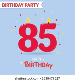 85 years old. Happy Birthday. Celebration party . Candles 85 burns on a blue background. 