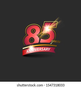 85 Years Red Gold Anniversary Logo with Anniversary Ribbon. Vector eps.10