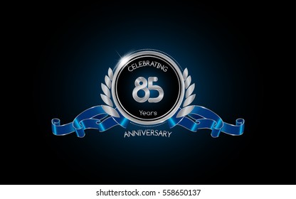 85 years silver anniversary celebration logo with red ribbon , isolated on dark background