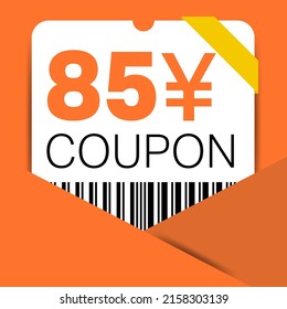 85 Yen Coupon promotion sale for a website, internet ads, social media gift 85 Yuan off discount voucher. Big sale and super sale coupon discount. Price Tag Mega Coupon discount vector illustration.
