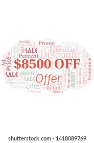 $8500 Off word cloud. Wordcloud made with text only.