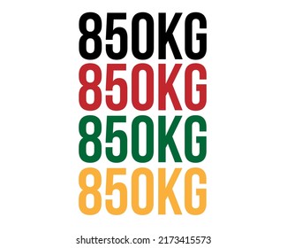 850 kg Text. Vektorgrafik mit einem Wert in Kilogramm schwarz, rot, grün und orange auf weißem Hintergrund.