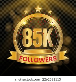 85K Followers Logotype with Gold and red Confetti Isolated on Black Background (PNG), Vector Design for Greeting Card and Social Media.