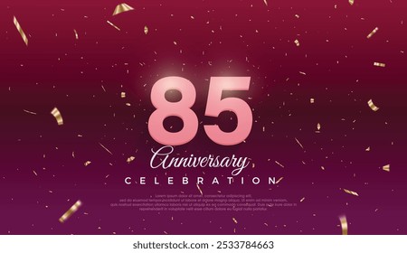 85th Anniversary celebration, 85 Anniversary celebration, Dark purple background, festive illustration,Realistic 3d sign, stars, Pink number with red ribbon 85 sparkling confetti, 85,86
