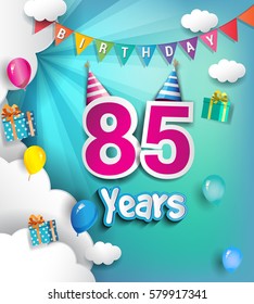 85th Anniversary Celebration Design, with clouds and balloons. using Paper Art Design Style, Vector template elements for your, eighty five years birthday celebration party.