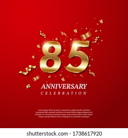 85th Anniversary celebration. Golden number 85 with sparkling confetti, stars, glitters and streamer ribbons on red background. Vector festive illustration. Birthday or wedding party event decoration