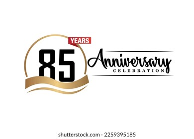 85th anniversary celebration logo vector design with gold black and red color on white background cute black color font   