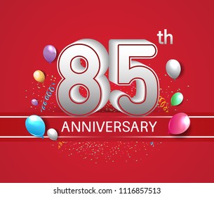 85th anniversary design red background with balloons and confetti for company celebration event 