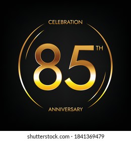 85th anniversary. Eighty-five years birthday celebration banner in bright golden color. Circular logo with elegant number design.