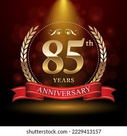 85th Anniversary. Anniversary logo design with Laurel wreath and red ribbon for celebration event, wedding, invitation, greeting card. Vector illustration