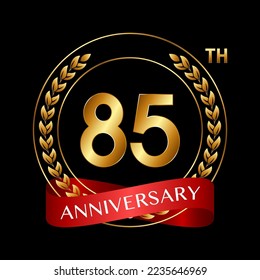 85° Aniversario. Diseño del logotipo del aniversario con Laurel Wreath y Red Ribbon para la celebración, Boda, Invitación, Tarjeta de felicitación. Ilustración del vector de logotipo