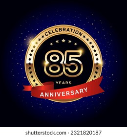 Logo del 85º aniversario con números de oro y cinta roja, plantilla vectorial