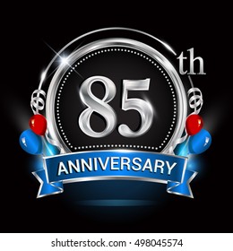 85th anniversary logo with silver ring,balloons and blue ribbon. Vector design template elements for your birthday celebration.